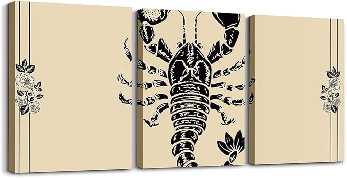 jejeloiu Zodiac SCORPIO 3 Piece Canvas Wall Art for Living Room Bedroom Horoscope Dark Academia Wall Art for Home Decor Vintage Retro Office Decor Artwork Rose Flower Picture Painting Posters - Scorpio Canvas for men