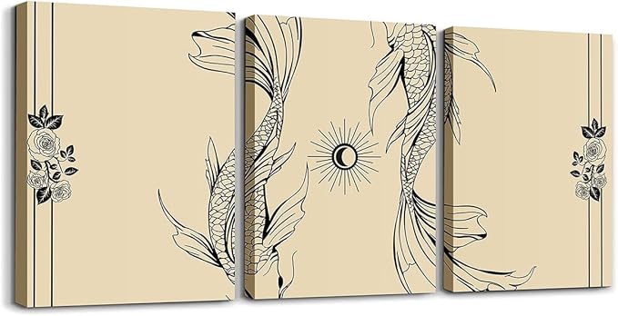 jejeloiu Zodiac PISCES 3 Piece Canvas Wall Art for Living Room Bedroom Horoscope Dark Academia Wall Art for Home Decor Vintage Retro Office Decor Artwork Rose Flower Picture Painting Posters - Pisces Canvas for men