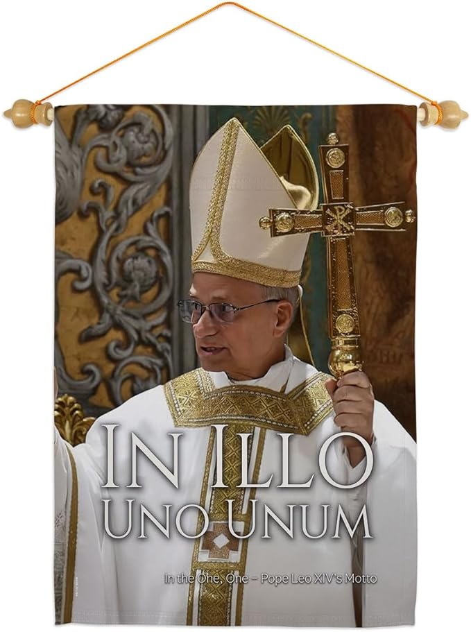 in Illo Uno Unum Wall Scroll Canvas Set Flag Memorabilia Decor Religiou Sign Picture Print Habemus Papam Decorations American Papal Poster Vatican Tapestry Catholic Gifts Made in USA - Leo Canvas for men