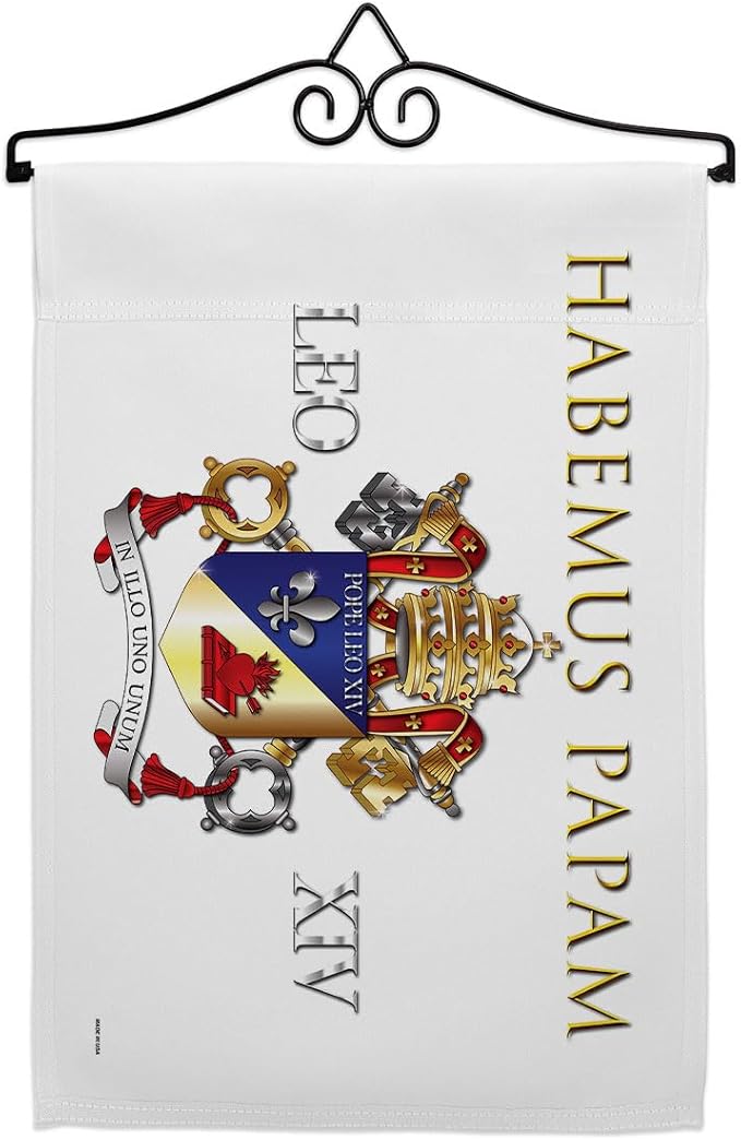 Coat of Arms Canvas Set Flag Hanger Memorabilia Wall Decor Religiou Sign Picture Print Habemus Papam Decorations American Papal Poster Vatican Tapestry Catholic Gifts Made in USA - Leo Canvas for men