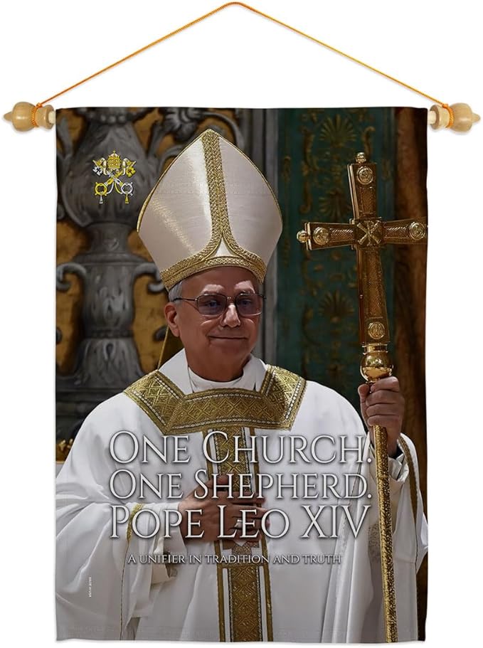 One Church One Shepherd Wall Scroll Canvas Set Flag Memorabilia Decor Religiou Sign Picture Print Habemus Papam Decorations American Papal Vatican Tapestry Catholic Gifts Made in USA - Leo Canvas for men