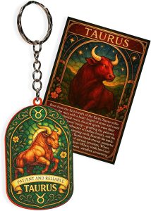 Taurus Keychain – Zodiac Bull Emblem – Apr 20–May 20 Birthday | Earth Sign, Venus-Ruled – “Patient & Reliable” Trait Card – -Astrology Constellation Horoscope Gift Bag Charm & Car Hanging - Taurus Products for men
