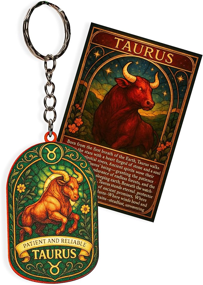Taurus Keychain – Zodiac Bull Emblem – Apr 20–May 20 Birthday | Earth Sign, Venus-Ruled – “Patient & Reliable” Trait Card – -Astrology Constellation Horoscope Gift Bag Charm & Car Hanging - Taurus Products for men
