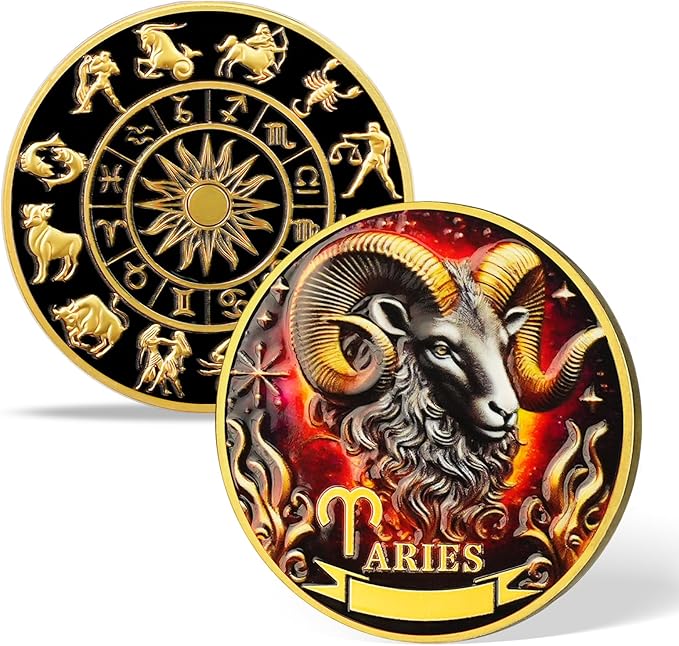 Aries Zodiac Sign Challenge Coin, 1 Oz Gold-Plated Astrology Token in Capsule, Constellation Collectible Souvenir, Birthday Gift for Astrology Enthusiasts - Aries for men