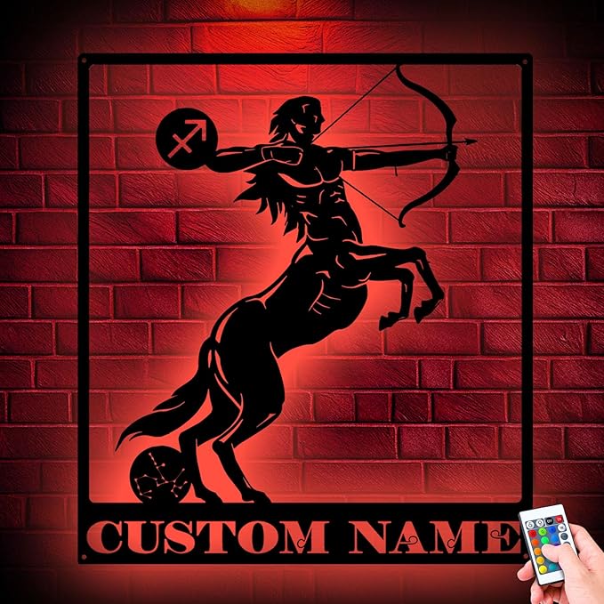 Custom Sagittarius Zodiac Symbol Metal Sign with LED Lights, Unique Decorative Wall Art, Personalized Home Decor Gift for Astrology Lovers, Hanging Decor for Living Room or Office - Sagittarius Home Decor for men
