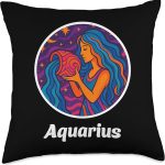 Aquarius in Psychedelic Zodiac Cosmos Throw Pillow - Aquarius Pillow for men