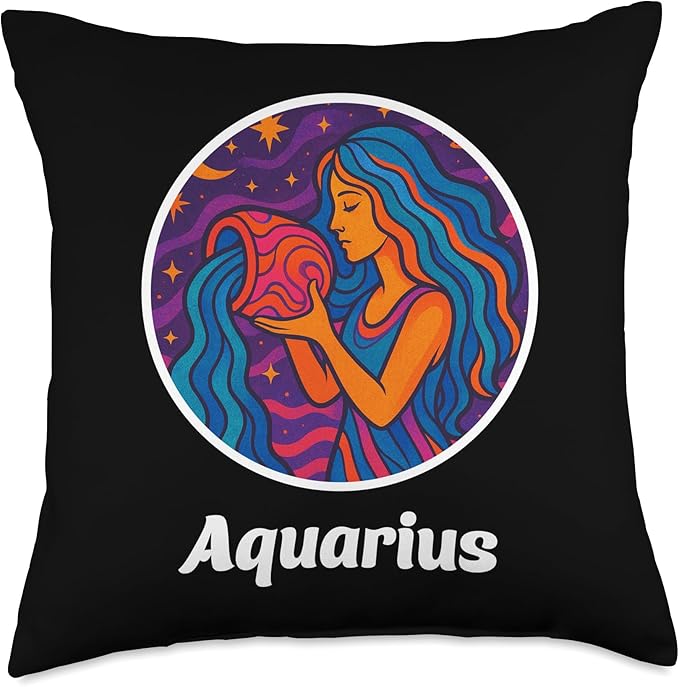 Aquarius in Psychedelic Zodiac Cosmos Throw Pillow - Aquarius Pillow for men