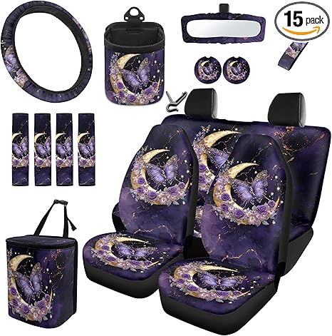 Butterfly Car Seat Cover Full Set Steering Wheel Cover Moon Seat Belt Covers Trash Bag Purple Air Vent Holder Rear View Mirror Cover Cup Coasters Key Chain 15 PCS Auto Accessory - Scorpio Car Seat Cover for men