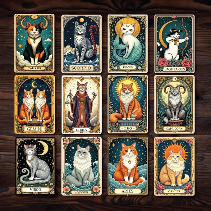 Zodiac Cat Stickers – 12pcs Tarot-Style Astrological Vinyl Decals – Waterproof Celestial Cat Zodiac Signs for Laptop, Journal, Water Bottle, Scrapbook, Gift - Aries Sticker for men
