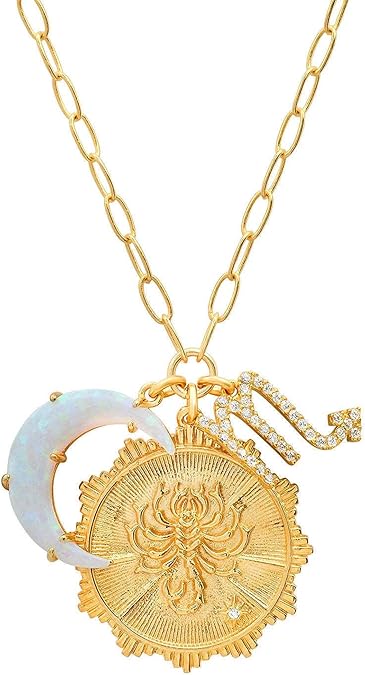 Dainty Gold Zodiac Embossed Coin Opal Crescent Moon Charm Necklace for Women Trendy 18K Gold Plated Retro Paperclip Chain 12 Constellation Horoscope Necklaces Astrology Jewelry Gifts - Scorpio Accessories for men