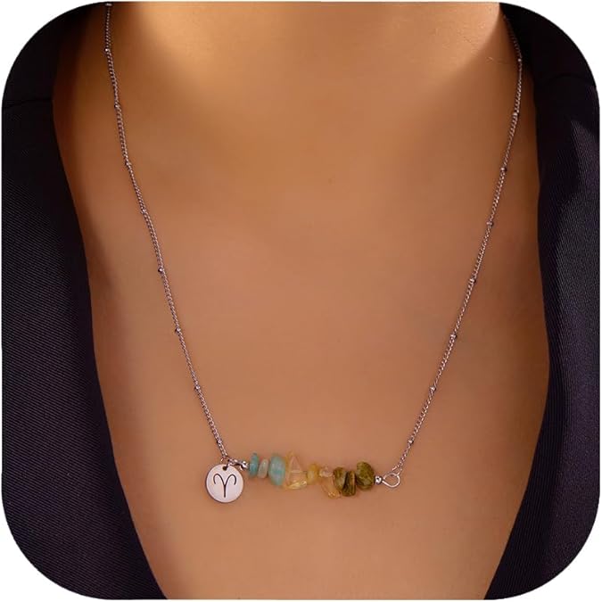 Retro Natural Stone Constellation Zodiac Necklace for Women Adjustable Horoscope Sign Engraved Dics Pendant Dainty Stainless Steel Healing Gravel Astrology Statement Choker with Wish Card Fashion Jewelry Gift 2025 - Aries Necklace for men