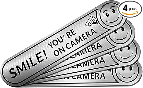 4 PCS Smile You're On Camera Stickers for Car, Car Decals, Self Adhesive Waterproof Durable Video Surveillance Sign Sticker, Camera Warning Security Decal for Auto Window Door Business (4PCS) - Aries Sticker for men