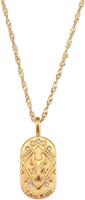 Gold Zodiac Sign Tarot Card Dog Tag Charm Necklace 18K Gold Plated Retro 12 Constellation Pendant Necklaces Trendy Astrology Horoscope Unisex Personalized Jewelry Birthday Gift - Taurus Products for men