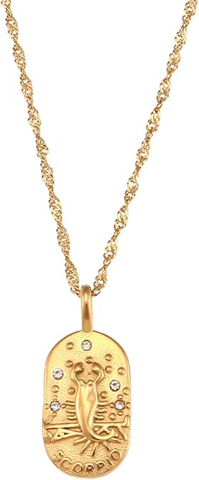 Gold Zodiac Sign Tarot Card Dog Tag Charm Necklace 18K Gold Plated Retro 12 Constellation Pendant Necklaces Trendy Astrology Horoscope Unisex Personalized Jewelry Birthday Gift - Scorpio Accessories for men