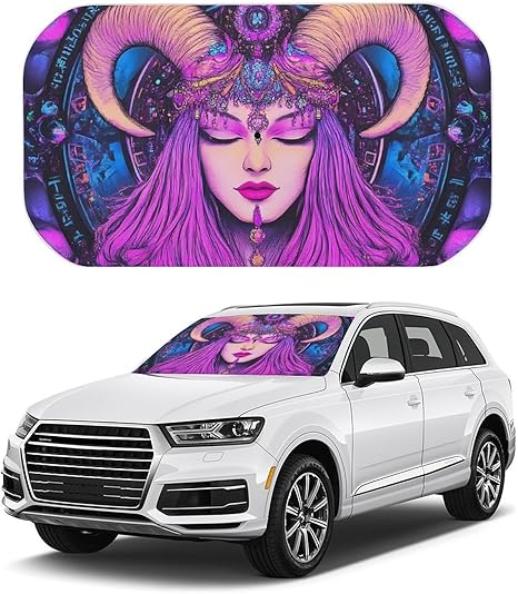All-Season Car Sun Shield, 52.4x28.7 Inch Twelve Constellations Aries Goddess Prayer Art Cool Pattern Windshield Protector, Heat Blocking and Fade Prevention Car Cover - Aries Car Ornament for men