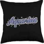Aquarius Retro Script Zodiac Purple Throw Pillow - Aquarius Pillow for men