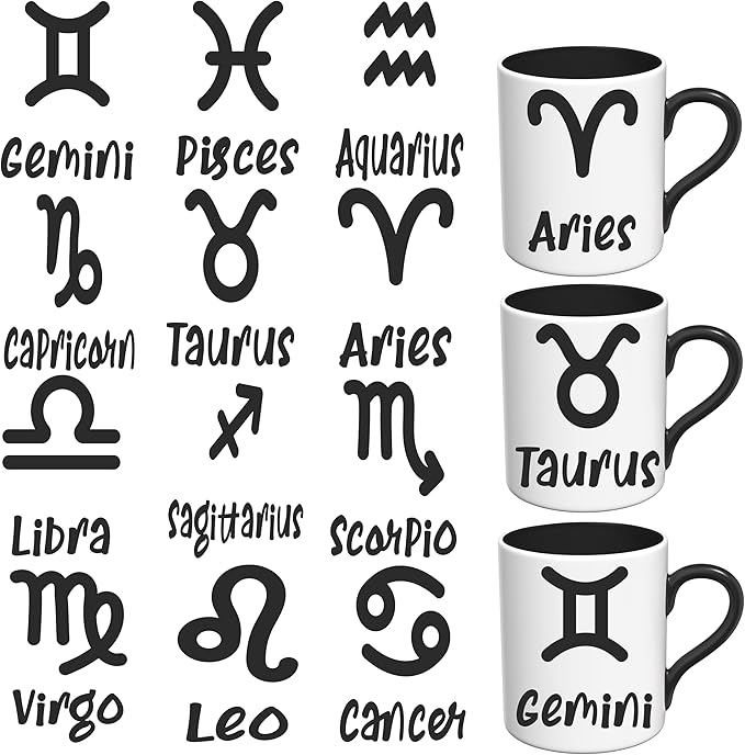UV DTF Stickers - 12 Sheets Zodiac Sign UV DTF Cup Wrap for Coffee Mugs Glass, DIY Decals for Tumblers, Waterproof Rub on Transfers for Crafts - Aries Mug for men