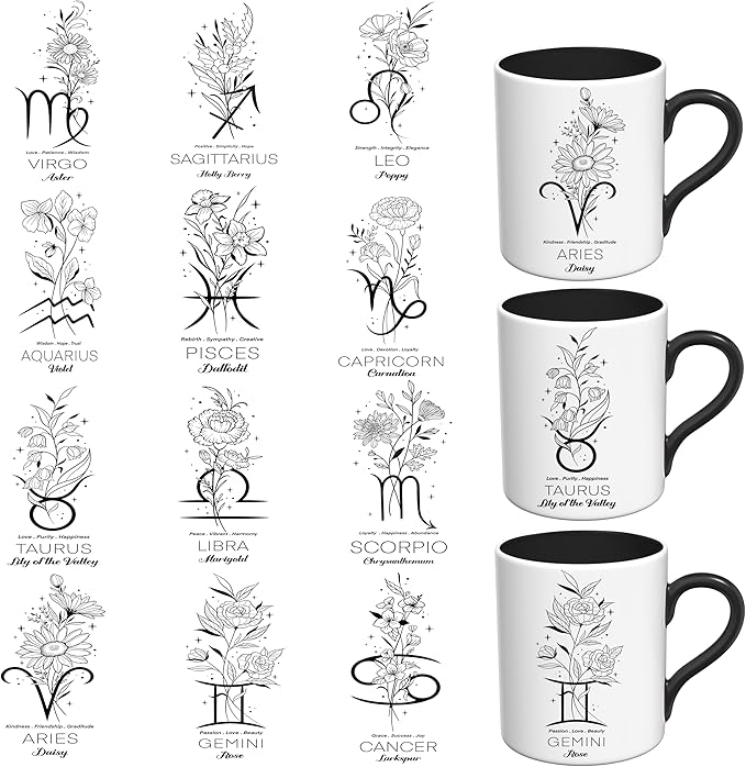 UV DTF Stickers - 12 Sheets Zodiac Sign Floral UV DTF Cup Wrap for Coffee Mugs Glass, DIY Decals for Tumblers, Waterproof Rub on Transfers for Crafts - Scorpio Sticker for men