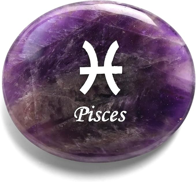 Amethyst Worry Stone, Natural Hand Carved Crystal Zodiac Anxiety Relief Plam Stone, Constellation Symbols Engraved Thumb Worry Stone, Zodiac Gift for Men Women, Meditation-Pisces - Pisces for men