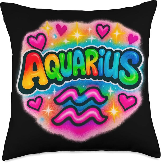 Aquarius Zodiac Sign Airbrush Rainbow Star Graphic Throw Pillow - Aquarius Pillow for men