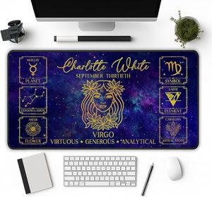 Personalized Virgo Zodiac Desk Mat – Custom Name Mouse Pad with Constellation, Mercury, Traits and Earth Sign Details – Astrology Birthday Gift for Her or Him – Analytical Horoscope Desk Décor - Virgo Car Floor Mat for men