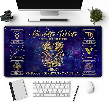 Personalized Virgo Zodiac Desk Mat – Custom Name Mouse Pad with Constellation, Mercury, Traits and Earth Sign Details – Astrology Birthday Gift for Her or Him – Analytical Horoscope Desk Décor - Virgo Car Floor Mat for men