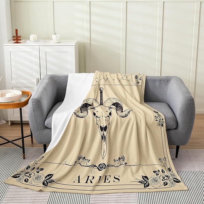 jejeloiu Zodiac Aries Fleece Throw Blanket 40"x50" Horoscope Dark Academia Flannel Blanket Plush Fuzzy for Kids Boys Girls Vintage Retro for Bed Couch Chair Living Room Rose Flower - Aries Blanket for men