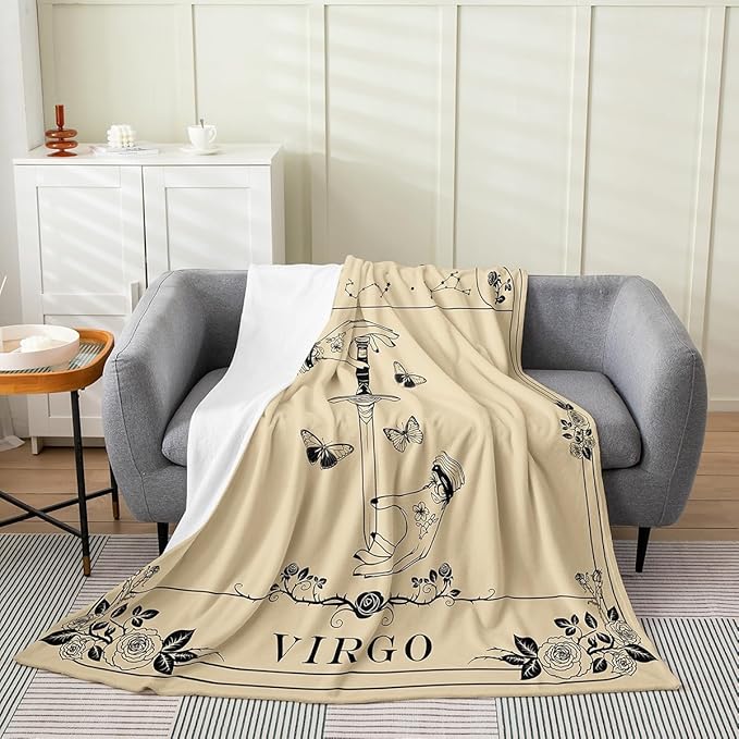 jejeloiu Zodiac Virgo Fleece Throw Blanket Throw 50"x60" Horoscope Dark Academia Flannel Blanket Plush Fuzzy for Kids Boys Girls Vintage Retro for Bed Couch Chair Living Room Rose Flower - Virgo Blanket for men