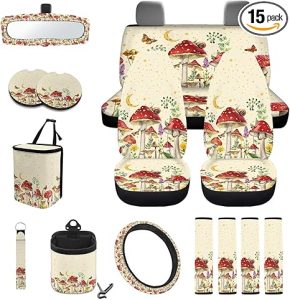 Mushroom Snail Moon Stars 15Pcs Car Seat Cover Full Set Car Steering Wheel Cover Seat Belt Cover Trash Bin Air Vent Storage Box Front Rear View Mirror Car Cup Holder Keychain - Aquarius Car Seat Cover for men