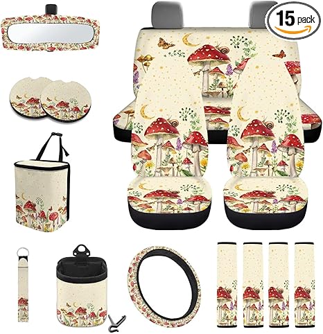 Mushroom Snail Moon Stars 15Pcs Car Seat Cover Full Set Car Steering Wheel Cover Seat Belt Cover Trash Bin Air Vent Storage Box Front Rear View Mirror Car Cup Holder Keychain - Aquarius Car Seat Cover for men