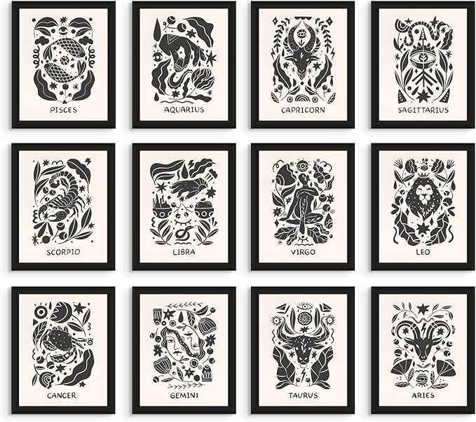 Everyday Designs Zodiac Wall Art - Scandinavian Astrology Decor, Celestial Wall Art, Zodiac Signs, Constellation Poster, Celestial Decor, Horoscope Posters - Unframed Set of 12 (11x14”) Prints - Aries Poster for men
