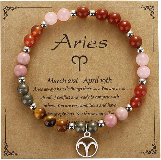 Zodiac Natural Stone Bracelet – Handmade Crystal Healing Bracelet with Zodiac Charm – Adjustable Beaded Jewelry Gift for Women Men Girls - Aries Bracelet for men