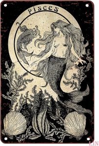 Retro Mermaid Wall Art Fish Moon Magic Metal Tin Sign Decoration for Garage Yard Home Outdoor 8x12 Inch - Pisces Home Decor for men