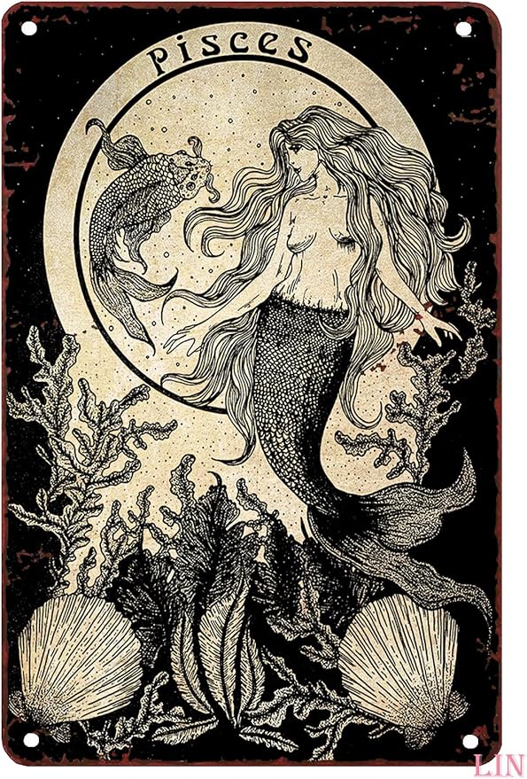 Retro Mermaid Wall Art Fish Moon Magic Metal Tin Sign Decoration for Garage Yard Home Outdoor 8x12 Inch - Pisces Home Decor for men