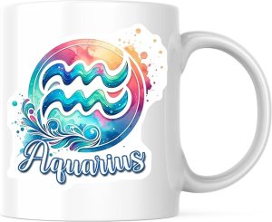 Aquarius Coffee Mug - Watercolor Zodiac Sign Astrology - Unique 11 Ounce - Design Printed On Both Sides - Premium Quality Ceramic - BMCM7019 - Aquarius Mug for men