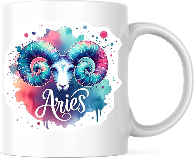 Bliss Monkey Co. Aries Coffee Mug - Zodiac Sign - Watercolor - Astrology Themed - 11 Ounce Cup - Design Printed On Both Sides - Premium Quality Ceramic - BMCM6461 - Aries Mug for men