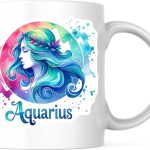Bliss Monkey Co. Aquarius Coffee Mug - Zodiac Sign Art - Watercolor Celestial Design - Astrology Lover - 11 Ounce Ceramic - Printed On Both Sides - Premium Quality - BMCM7015 - Aquarius Mug for men