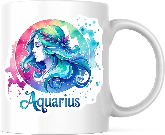 Bliss Monkey Co. Aquarius Coffee Mug - Zodiac Sign Art - Watercolor Celestial Design - Astrology Lover - 11 Ounce Ceramic - Printed On Both Sides - Premium Quality - BMCM7015 - Aquarius Mug for men