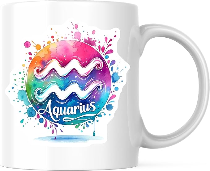 Bliss Monkey Co. Aquarius Zodiac Coffee Mug - Watercolor Astrology Sign - 11 Ounce - Design Printed On Both Sides - Premium Quality Ceramic - BMCM7010 - Aquarius Mug for men