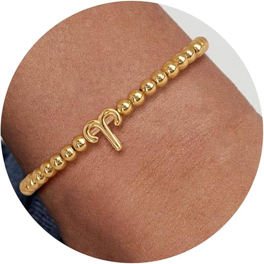 Gold 12 Constellations Bracelets for Women, 18K Gold Plated Beaded Stretch Bubble Bracelets Charm Jewelry Bracelet Gifts for Birthday Mother's Day Valentines Christmas - Aries Bracelet for men