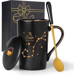 Scorpio Gifts for Women, Scorpio Zodiac Sign Star Gift for Girls Woman Men, October November Birthday Gifts for 12 Horoscope Astrology Lovers, 14 OZ Black with Gift Box Spoon Lid - Scorpio Products for men