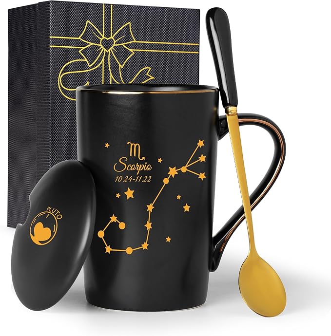 Scorpio Gifts for Women, Scorpio Zodiac Sign Star Gift for Girls Woman Men, October November Birthday Gifts for 12 Horoscope Astrology Lovers, 14 OZ Black with Gift Box Spoon Lid - Scorpio Products for men