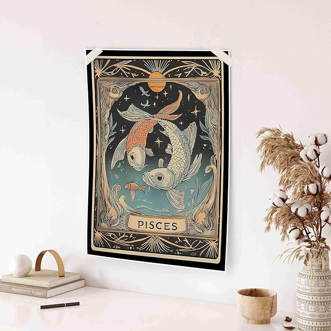 Mystical Pisces Tarot Art Print, Vintage Starry Sky Wall Decor, Dark College Style Poster, Witchcraft Dorm Decor, Bohemian Zodiac Gift Idea(L18 xW12-CANVAS) - Pisces Canvas for men