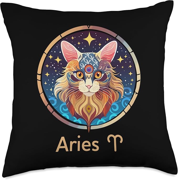 Zodiac Sign Aries - Cat Illustration Throw Pillow - Aries Pillow for men