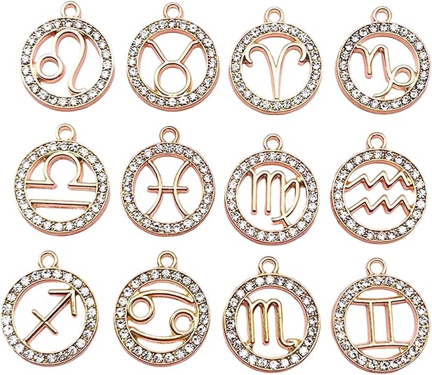 24pcs 12 Zodiac Constellation Rhinestone Charms Pendants Crystal Constellation Necklace Pendants Light Gold Alloy Metal Bracelet Keychain Charms 18x21mm for Bag Jewelry Making - Aries Necklace for men