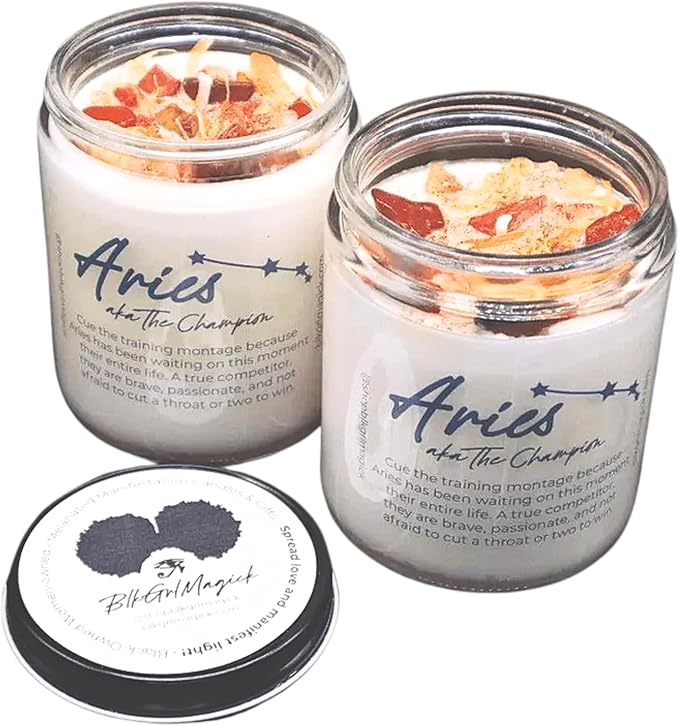 BlkGrlMagick ARIES Zodiac Birthday Candle, Handmade, Dragons Blood Scented, Red Jasper Citrine Crystals, Calendula, March April Birthday Gift, Astrology Candles for Sun Moon Rising Sign (4oz Tin) - Aries for men