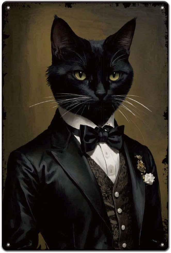 SUPERDANT Funny Black Cat Tin Signs Halloween Metal Sign Poster Gentleman Cat Vintage Wall Art Plaque Living Room Bedroom Home Dining Room Decor for Man Cave Garage Bar Party Decoration - Aries Poster for men