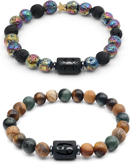 2Pcs Zodiac Bracelets for Women & Men, Natural Healing Gemstone Bracelets with Tiger Eye, Turquoise & Lava Rock, Protection & Grounding Crystals, Friendship Couples Bracelets Gifts（8mm） - Aries Bracelet for men