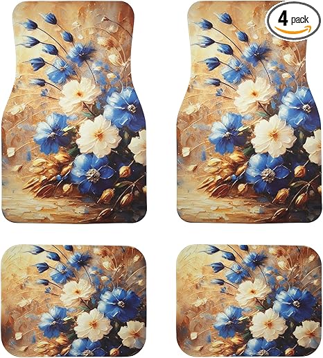 Universal Fit Car Floor Mats-Tech Cloth with Elegant Patterns, Gold Blue Blooms,Anti-Slip Rubber Bottom, Front (26.8x17.3in) & Rear (13x17.3in) Set,4PCS, Water-Resistant & Simple to Clean - Virgo Car Floor Mat for men
