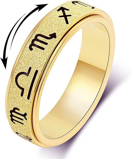 Fidget Spinner Ring for Anxiety Relief: Stainless Steel Horoscope Symbol Design Dainty Band Style Gold Silver Black Sizes 5-10 - Aries Ring for men